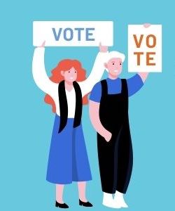 Animated drawing of two people holding up "Vote" signs