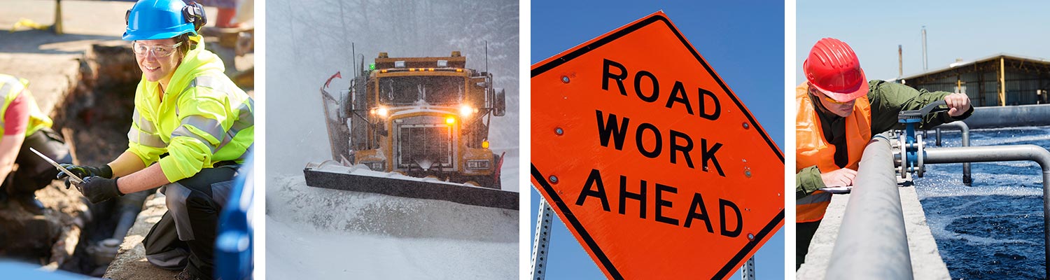 4 photos of public works activities (checking gas line, snow plowing, etc)