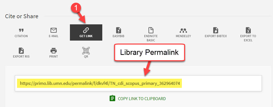 In the UMN Library Page, select "Get Link". The provided URL can be used in course pages as a "permalink".