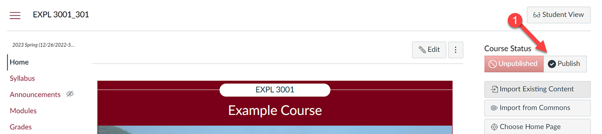 On the top right of your Canvas course's home page, click on the "Publish" button on the top right to publish your course site.