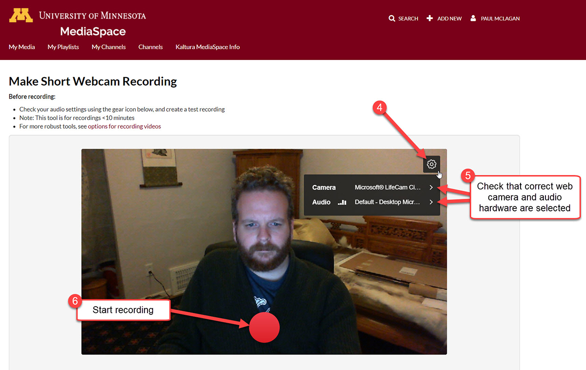 When you are ready to begin recording, click on the big red button to start the countdown to when the recording. Once the counter hits zero, the recording has begun.  There will be a stop button that occurs with the elapsed time of the recording. Click on the stop button to stop the recording.