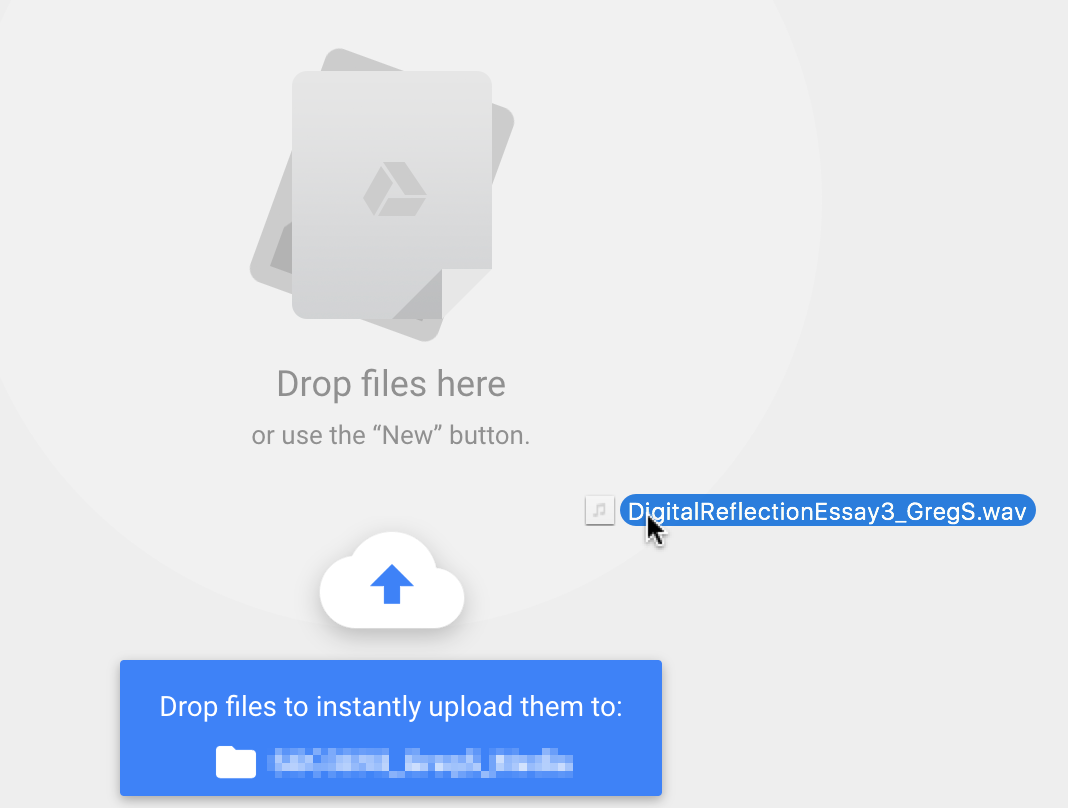 Next, you can drag your media files to your Google Drive folder and the file will upload to your folder.