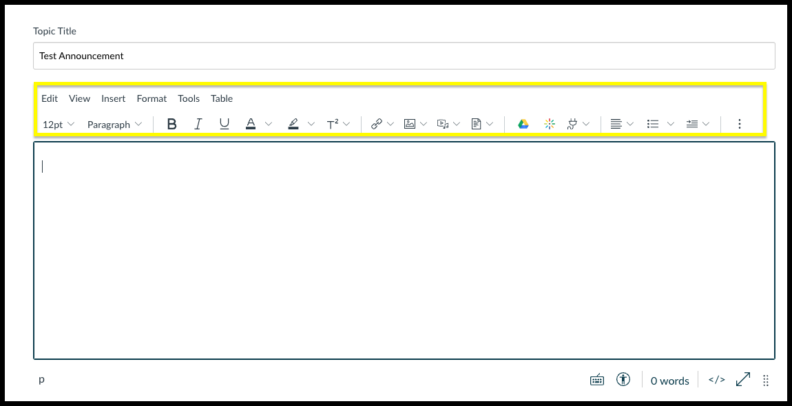 Screenshot showing the Rich Content Editor with an outlined box showing the toolbar