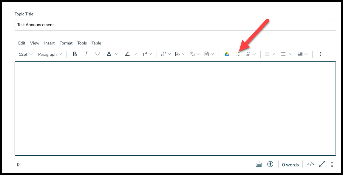 Screenshot showing Kaltura embed toolbar button in Rich Content Editor