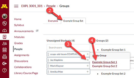 Select the group set and you can begin adding students to classes by clicking on the plus symbol next to their name and then the group you want them in.
