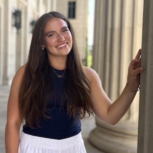 Alex Rapp by the columns of Northrop Auditorium