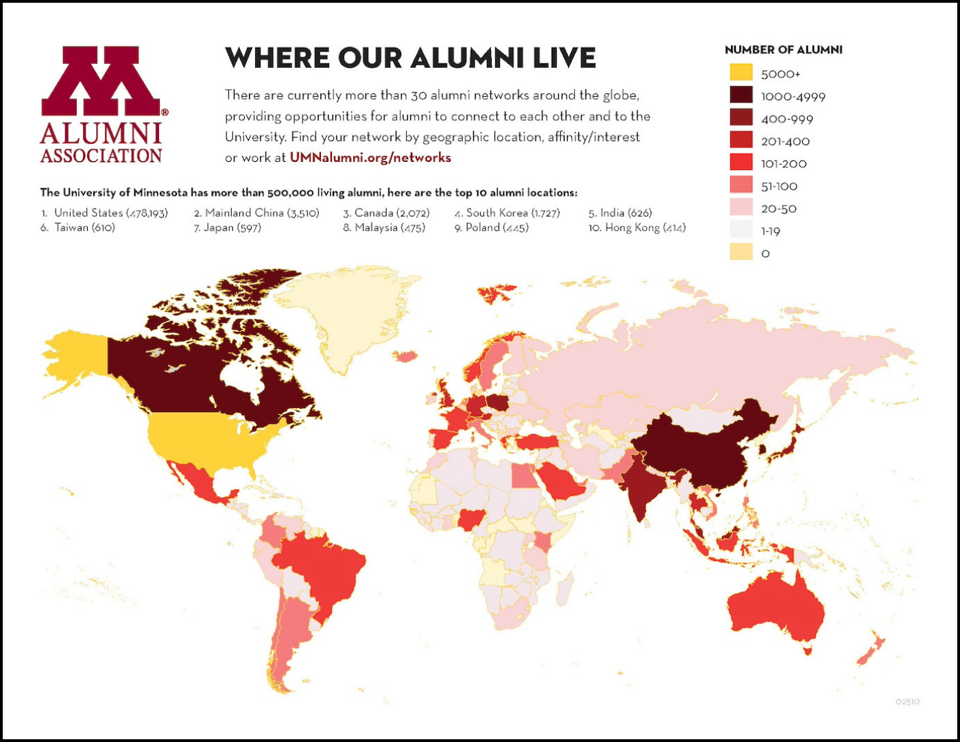 Colorful map illustration and chart indicating where UMN alumni live in the world