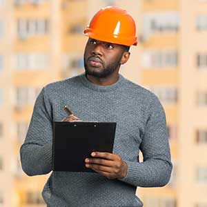 A man in hardhat holds a clipboard, standing before a construction site.