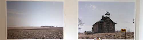 Two of Cody's photographs: one of a barren landscape and one of an old wooden building