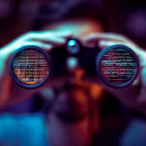 two hands holding binoculars which are reflecting computer code