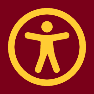 Digital Accessibility icon showing a clipart human splayed out in a circle. The clipart icon is in the University of Minnesota gold color while the background is University of Minnesota maroon.