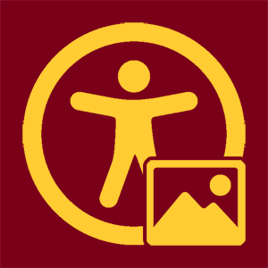 Digital Accessibility icon showing a clipart human splayed out in a circle with an image icon at the bottom right. The clipart icon is in the University of Minnesota gold color while the background is University of Minnesota maroon.