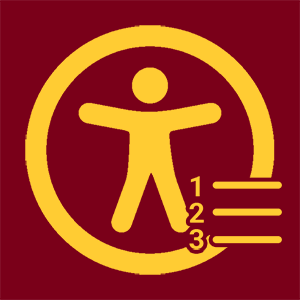 Digital Accessibility icon showing a clipart human splayed out in a circle with an list icon at the bottom right. The clipart icon is in the University of Minnesota gold color while the background is University of Minnesota maroon.
