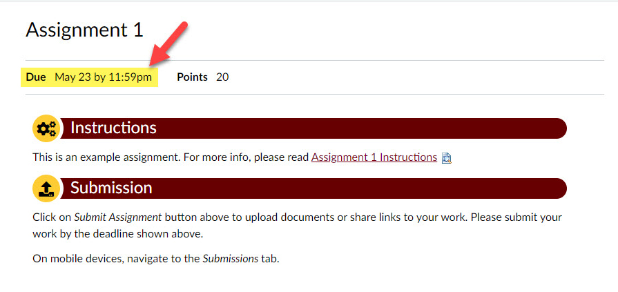 The location of the due date on Assignment pages is located at the top-left.