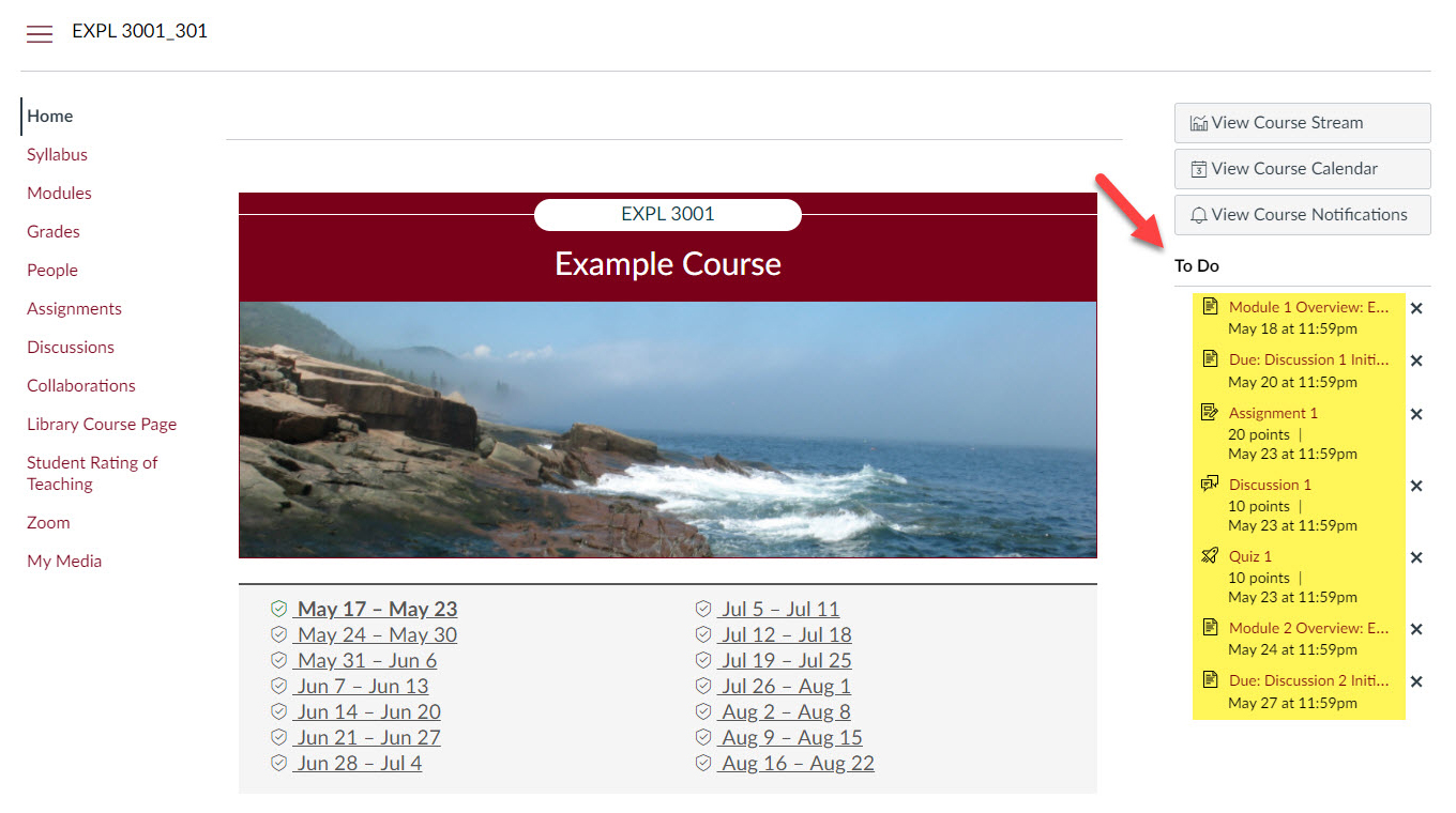 The Todo list is on the course Home page on the right of the course.