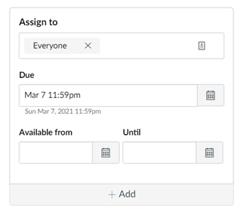 The "Assign to" section of the assignment, discussion and quiz tool settings. It shows off the "Due" date field as well as the "Available from" and "Until" fields.