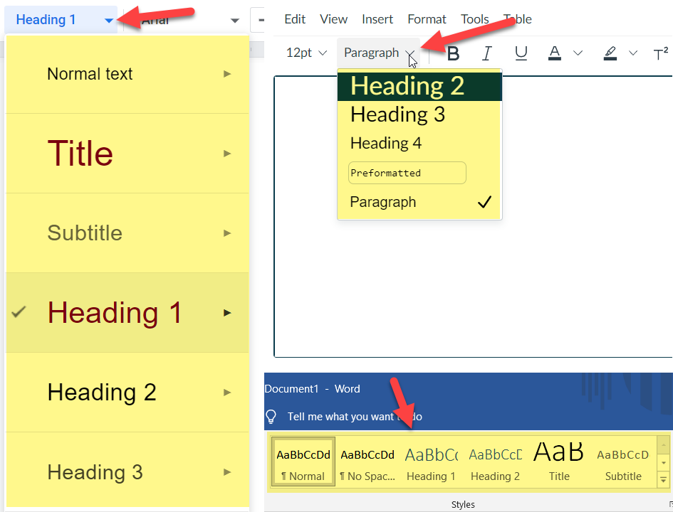 Examples of Styling Menu. On the far left is the styling menu for Google Docs, on the Top-Right is the styiling menu for the Canvas Rich Content Editor and on the Bottom-Right is the styling menu for Word.