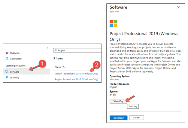 Once in Azure click on Software >Project Professional 2019. A window will appear with a button "View Key" copy and paste this key to use when you have installed the software. This is your personal key and the only way to obtain it.