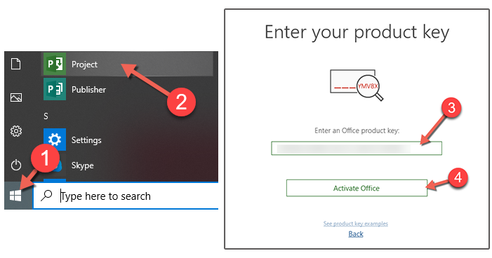 Navigate to Project in the Start Menu. When you open it up a screen will prompt you for a product key, use the product key provided from previous steps.