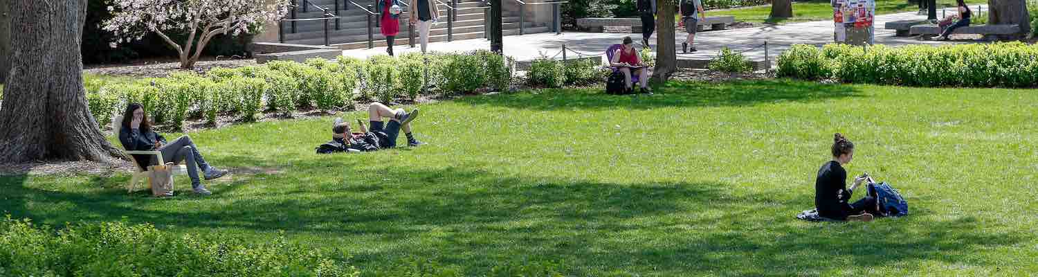 Students on grass on Northrop Mall