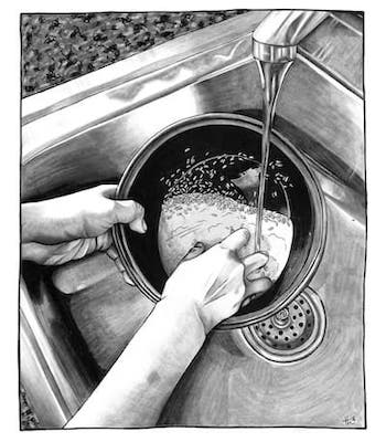 A black and white drawing of a pair of hands washing rice in a sink.