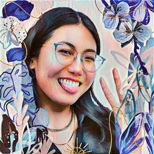 Self-portrait illustration of Hmong artist Tori Hong. She is wearing glasses and two gold necklaces. She is smiling with her tongue out and holding up two fingers in a peace sign.