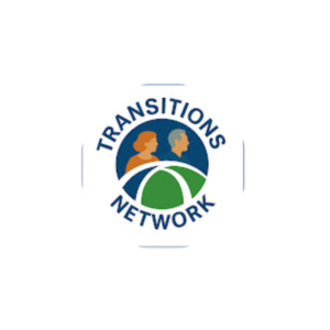 Transitions Network logo illustration of two heads above a blue and green ball/globe