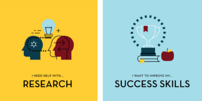 Two colorful graphic blocks with illustrations for "Research" and "Success Skills"