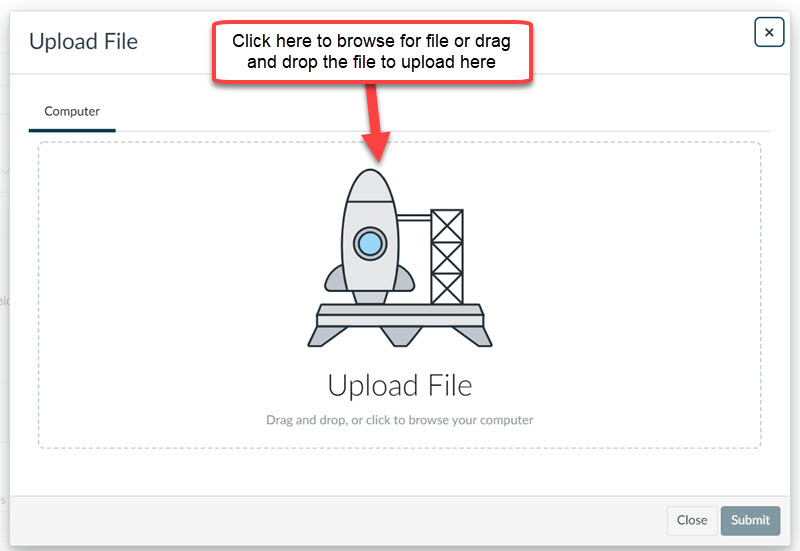 Click on the box "Upload File" to bring up browsing menu (alternatively drag and drop your file to the location).