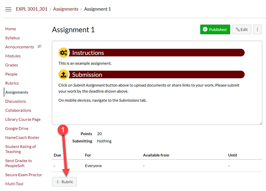 Click on the "+ Add Rubric" button at the bottom of the Assignment page.
