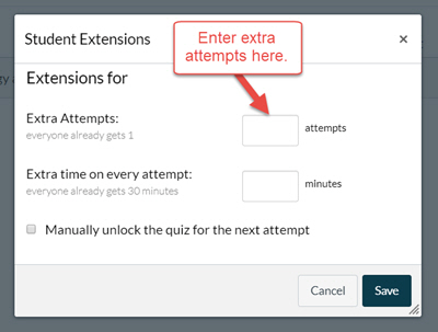 Under "Extra Attempts" enter the additional attempts on the field to the left. Click "Save" to finish creating the additional attempt/s.