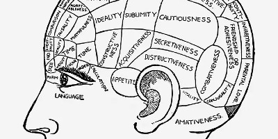 vintage illustration of supposed cognitive centers of human brain
