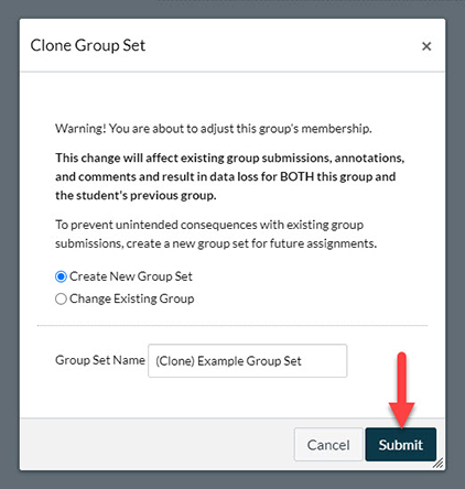 On the Clone Group Set page make sure "Create New Group Set" is selected and click on the blue "Submit" button.