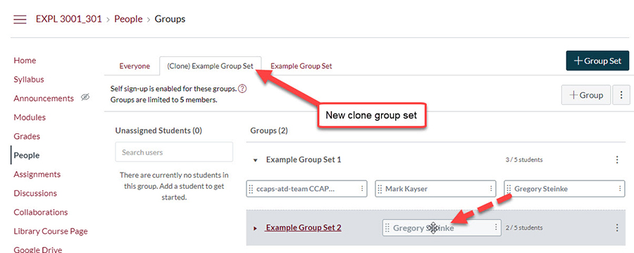 Move the student/s to their new group/s in the new cloned group set.