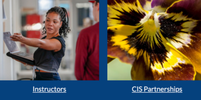 a dark blue ground of the CIS Welcome site shows an image of a woman teaching and a flower, each representing two sections of the site