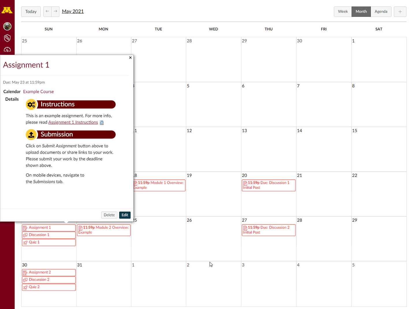 Showing the activities and pages with todo dates on the Canvas Calendar.
