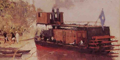painting of a steamboat on the bank of a river