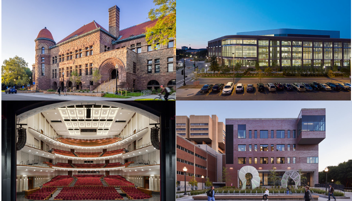 A four-photo collage of U of M buildins that were remodeled: Pillsbury Hall, the new Rec Center, Tate Hall, and Northrop Auditorium