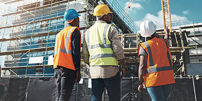 Two brown men and a black woman look up at a commercial construction back, to the camera