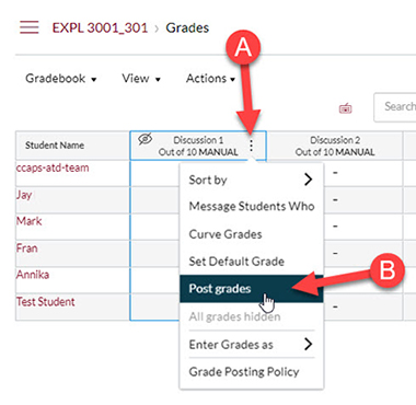 In the grade book you can access the Post Grades button by going to the column for the grades you want to post, go to the vertical three-dot button and then select Post Grades.