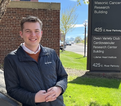 Michael Simeon outside the Cardiovascular Research Building