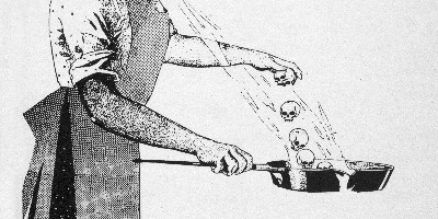 Black-and-white illustration of a woman tossing little human skulls in a frying pan