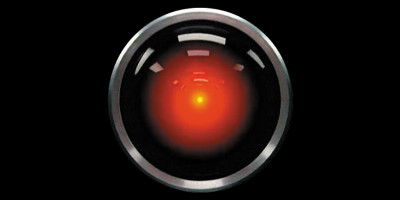 The iconic glowing red camera lens of HAL from 2001: A Space Odyssey