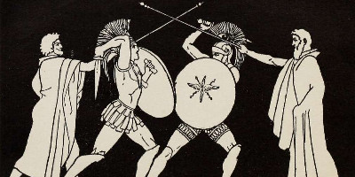 Vintage illustration of two gladiators sparring, flanked by two older men in togas raising staffs of leadership