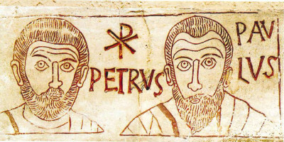 An ancient etching of Paul and Peter, from catacombs under St Peter's Basilica.