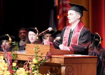 Peter Wolanyk gives his commencement speech on the Northrop stage