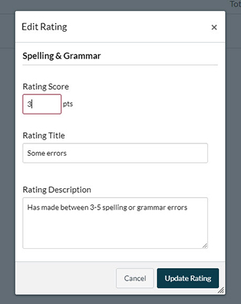 The edit rating menu. You can enter the rating score (points for the rating), the title and the description. Click "Update Rating" to save the changes.