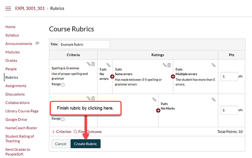 Click on the "Create Rubric" button at the bottom to finish creating the rubric.