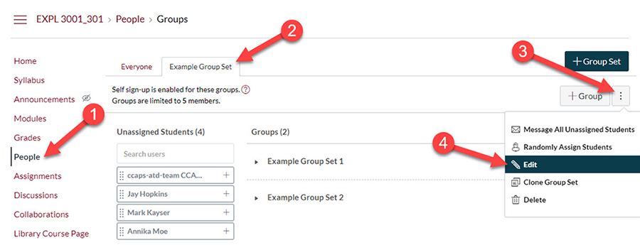 Go to People, then the group set with self sign-up, then click on the vertical three-dot menu button and select edit.