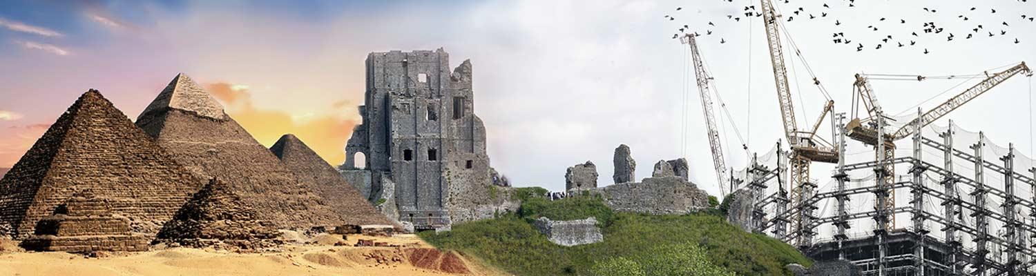 image of collage of pyramids and castle ruins